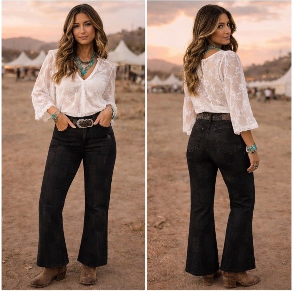 Rock & Roll Cowgirl Western Black Patchwork Denim High Rise Flare Jeans W29 L33